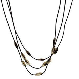 Elegant Gold Tone Beads Three Strand Brown Cord Necklace Statement Jewelry Women